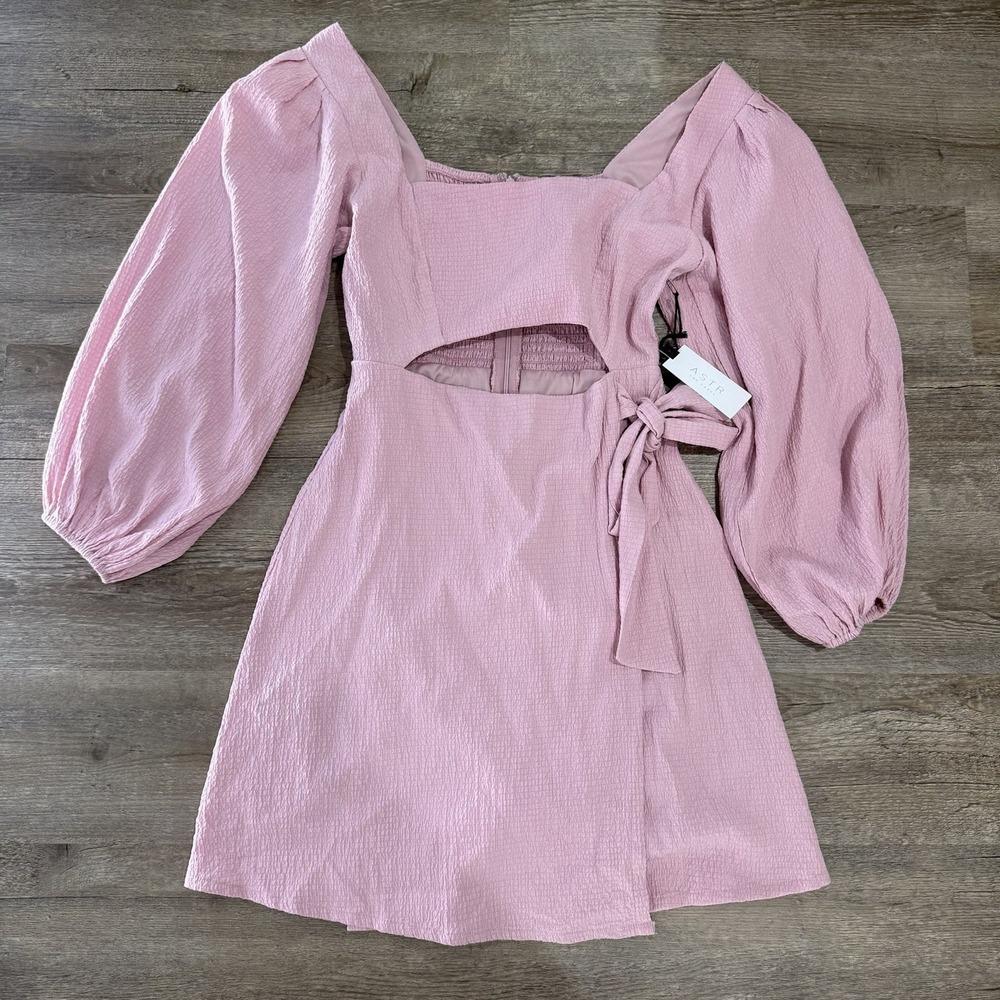 NWT ASTR the Label Pink Puff Sleeve Cutout Tie Front Mini Dress Size M